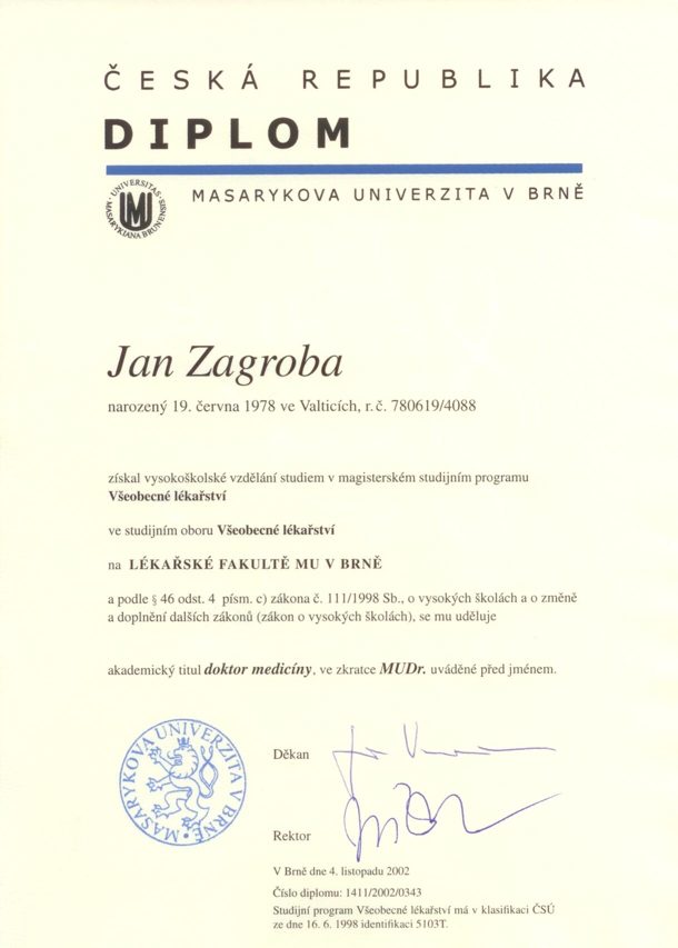 MUDr. Jan Zagroba - diplom lékařství